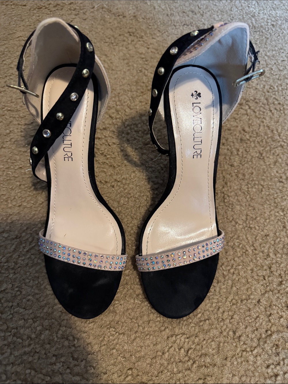 Love Culture Black Ankle-Strap Heels with Crystal Toe Band